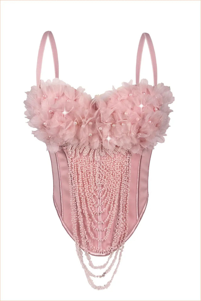 Floral Appliqué Tassel Corset with Boning - Couture Fantasy