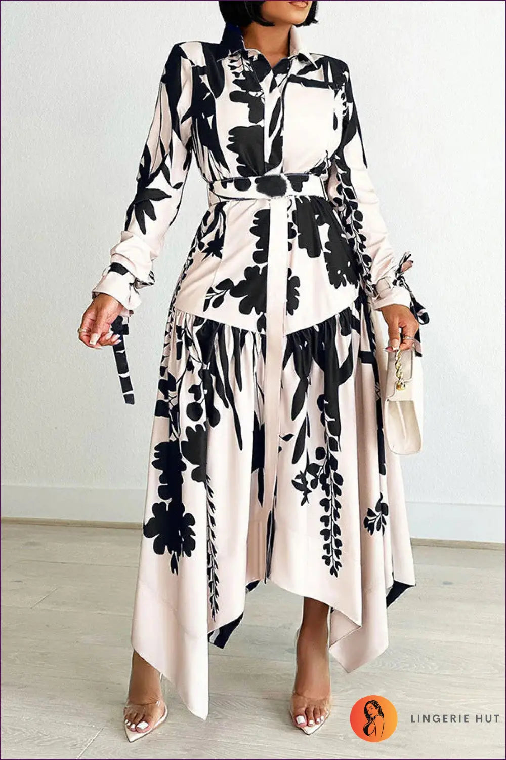 Floral Asymmetric Maxi Shirt Dress - Effortless Transition Style - s / Black - Dresses - Lingerie Hut - A-line • Autumn