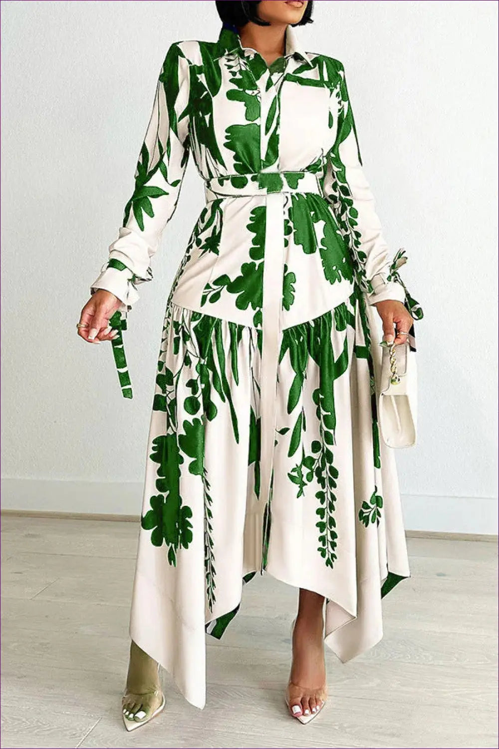 Floral Asymmetric Maxi Shirt Dress - Effortless Transition Style - s / Green - Dresses - Lingerie Hut - A-line • Autumn