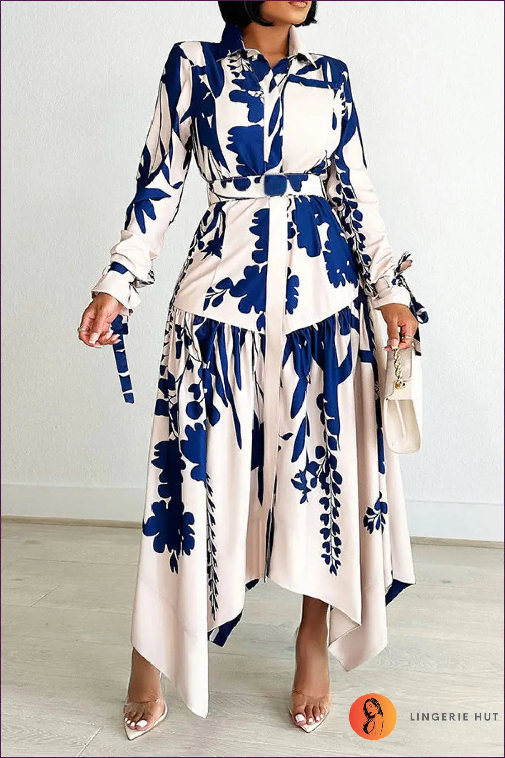Floral Asymmetric Maxi Shirt Dress - Effortless Transition Style - s / Blue - Dresses - Lingerie Hut - A-line • Autumn