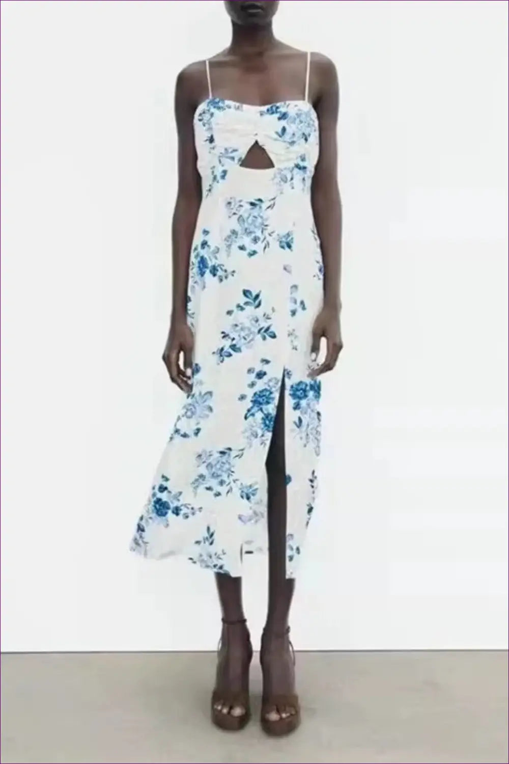 Floral Backless Spaghetti Strap Midi Dress - Sweetheart Neck Split & Ruched Detail - Backless • Bodycon • Boho • Cutout