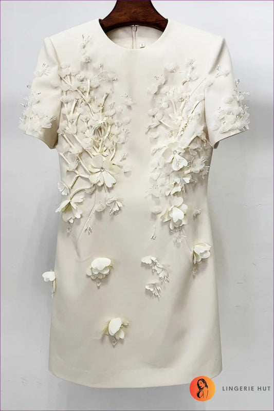 Floral Beaded Mini Dress - Short Sleeve - s / Ivory - Bodycon • Elegant • just in - Olady