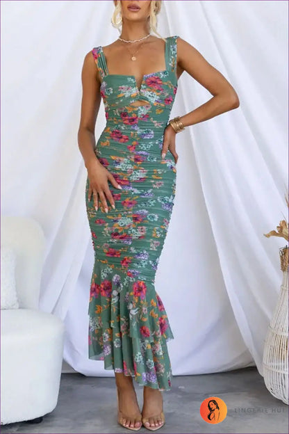 Floral Bodycon Midi Dress - Understated Glamour - s / Green - Dresses - Lingerie Hut - All Season • Casual • Evening
