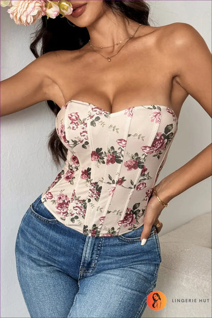 Floral Corset Top with Backless Cut - Bold but Wearable - Xs / Khaki - Lingerie Hut - Backless • Date Night • Glamour