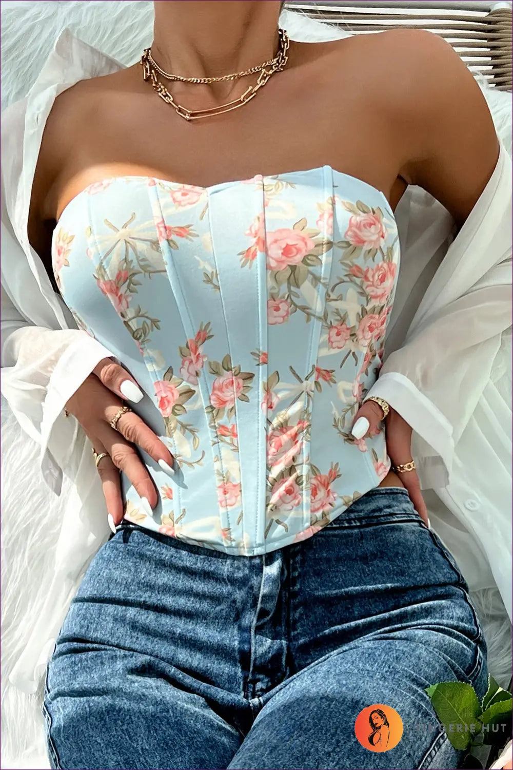 Floral Corset Top with Backless Cut - Bold but Wearable - Xs / Blue - Lingerie Hut - Backless • Date Night • Glamour