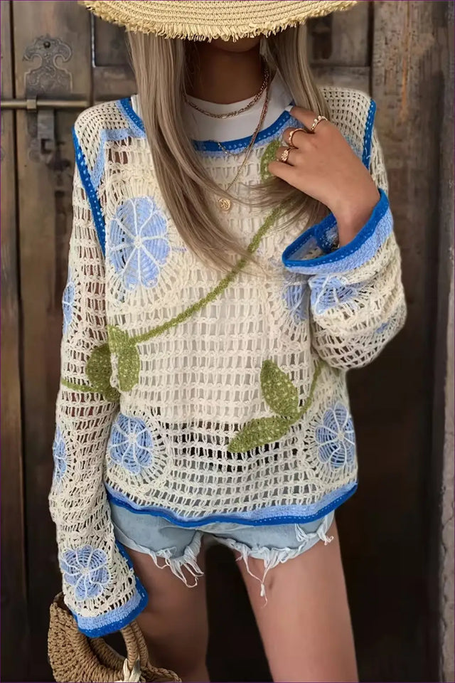 Floral Crochet Top with Contrast Trim - Sunlit Courtyard