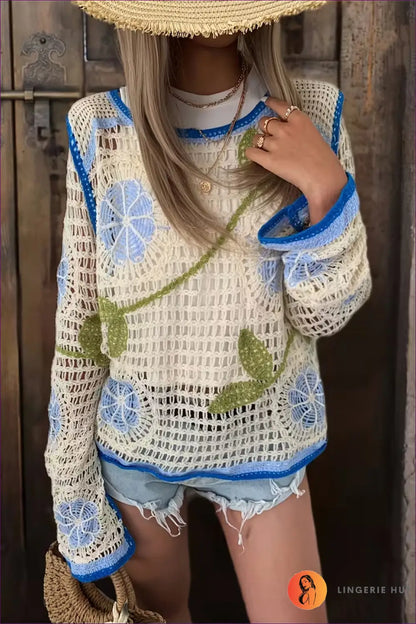 Floral Crochet Top with Contrast Trim - Sunlit Courtyard - s / Blue - Casual • Everyday • just in • Polyester