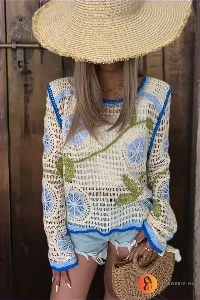 Floral Crochet Top with Contrast Trim - Sunlit Courtyard