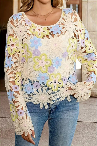 Floral Crochet Top with Sheer Long Sleeves - Garden Party Ease - Reddy