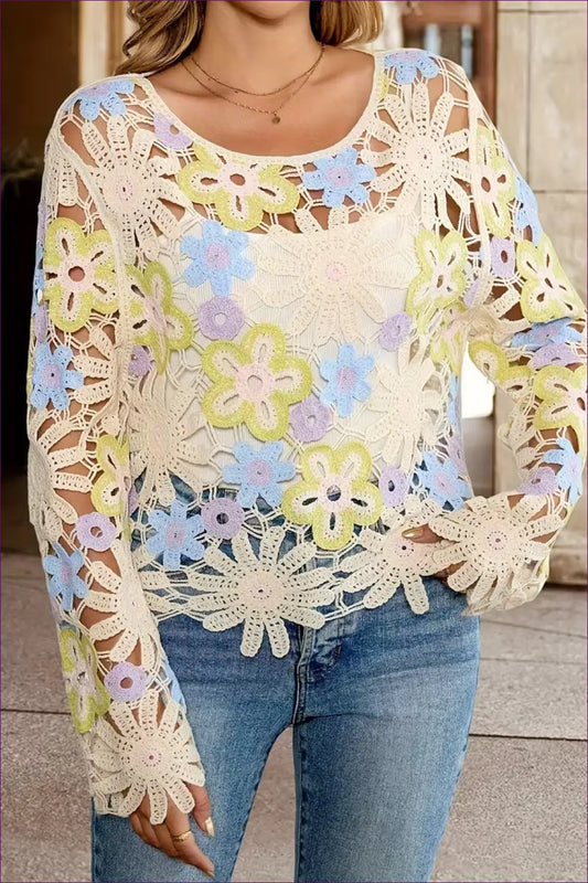 Floral Crochet Top with Sheer Long Sleeves - Garden Party Ease - Reddy