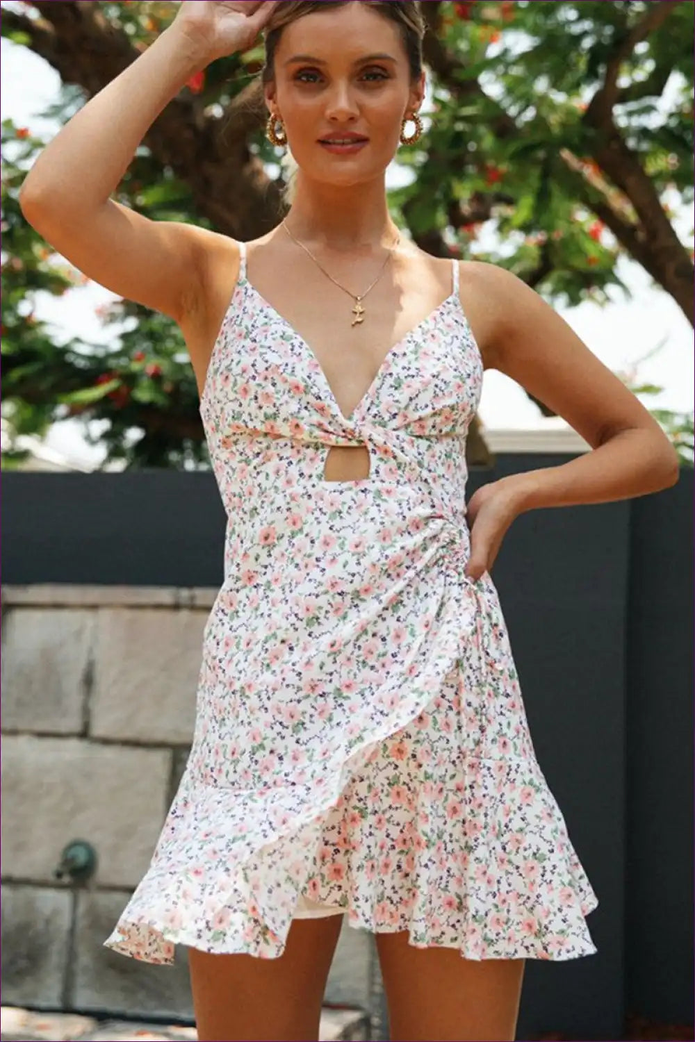 Floral Cutout Mini Dress with Ruffle Hem - Summer Garden Escape for Casual, Cutout, Floral, just In,