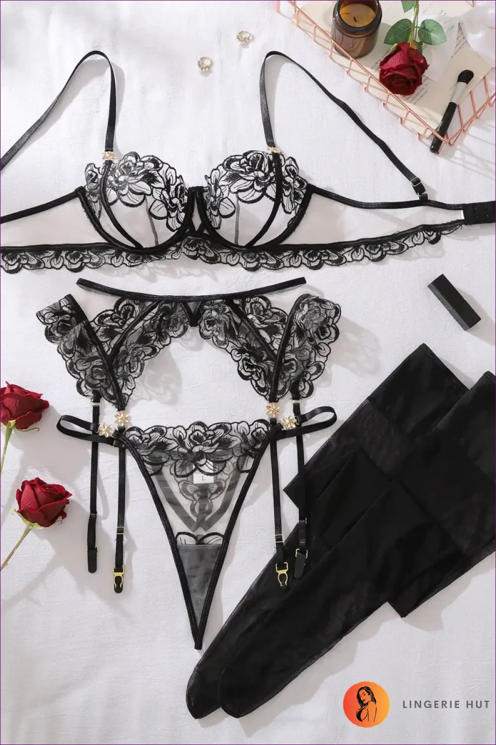 Floral Embroidered Babydoll Lingerie Set - the Honeymoon Edit - Black / s - Hut - Boudoir • Bra • Date Night • Evening