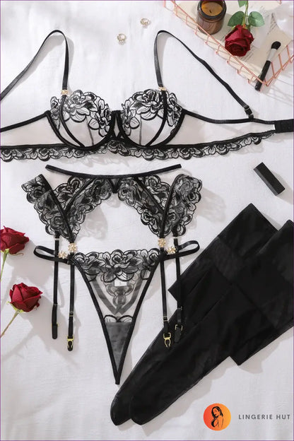 Floral Embroidered Babydoll Lingerie Set - the Honeymoon Edit - Black / s - Hut - Boudoir • Bra • Date Night • Evening