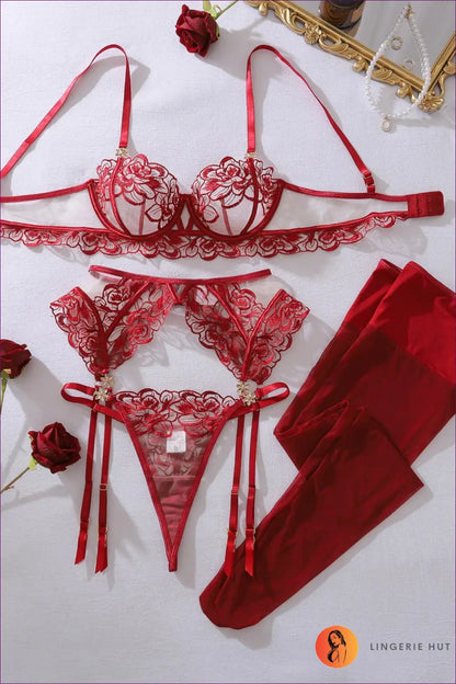 Floral Embroidered Babydoll Lingerie Set - the Honeymoon Edit - Burgundy / s - Hut - Boudoir • Bra • Date Night