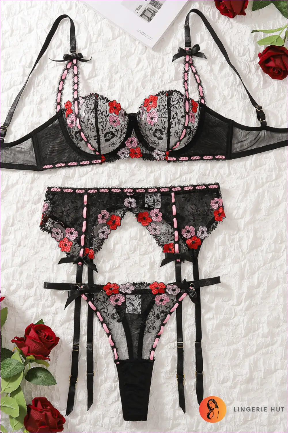 Floral Embroidered Lace Bra Set - the Honeymoon Edit - s / Black Pink - Lingerie - Hut - Boudoir • Cutout • Garter