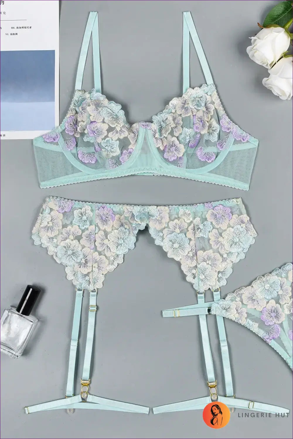 Floral Embroidered Lingerie Set - Private Luxury - Light Green / s - just in • Hut