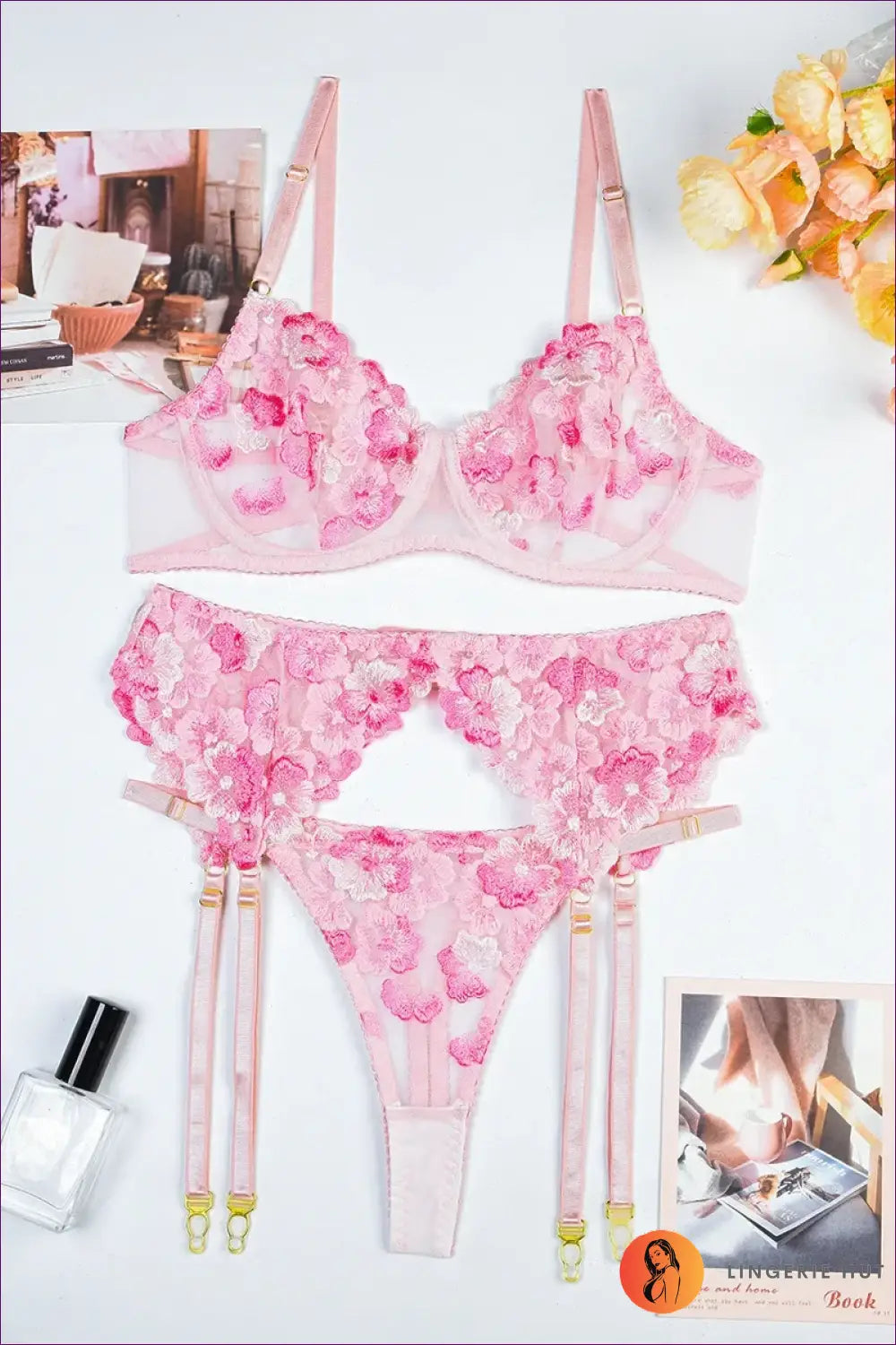 Floral Embroidered Lingerie Set - Private Luxury - Pink / s - just in • Hut