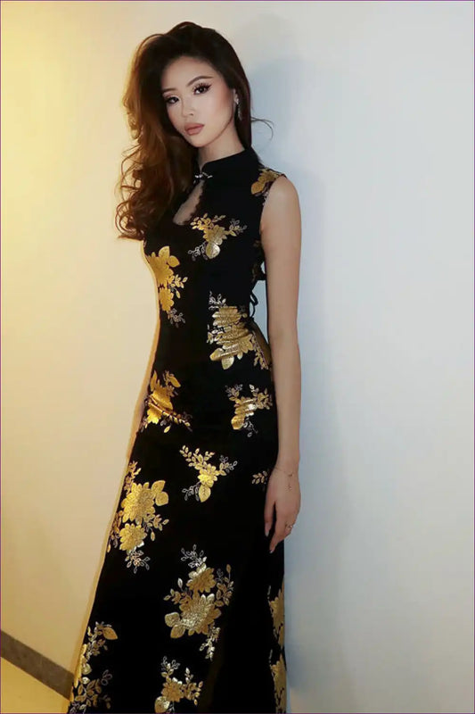 Floral Embroidered Maxi Cheongsam Dress with Cutout Back for Cutout, Dress, Evening Wear, Floral, Formal Wear