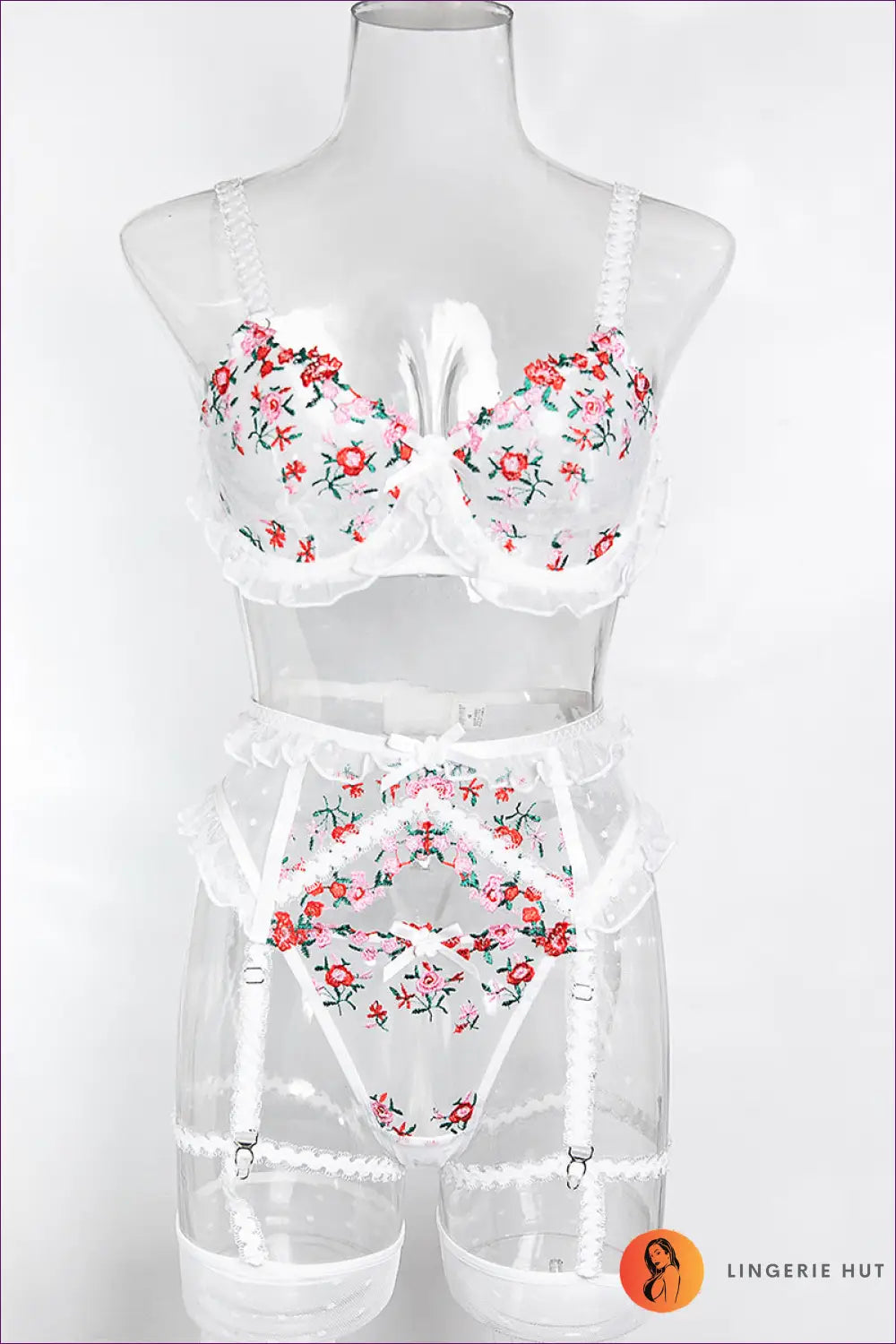 Floral Embroidered Mesh Chemise Set - the Honeymoon Edit - s / White - Nightdress - Lingerie Hut - A-line • Boudoir