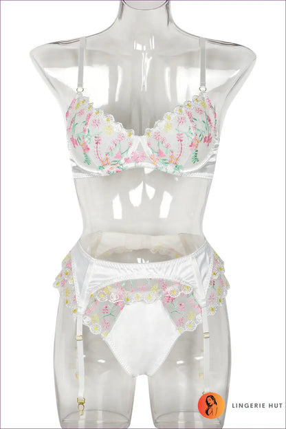 Floral Embroidered Satin Bra Set - the Honeymoon Edit - s / White - Lingerie - Hut - All Season • Boudoir • Garter