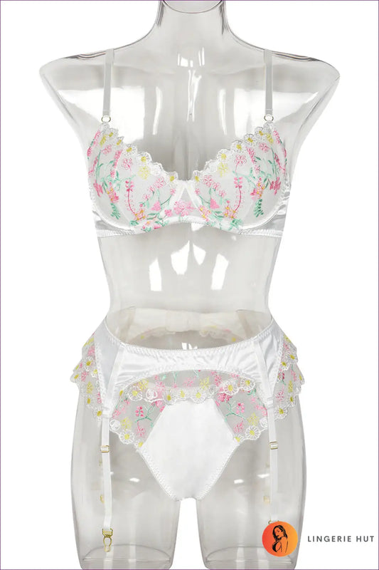 Floral Embroidered Satin Bra Set - the Honeymoon Edit - s / White - Lingerie - Hut - All Season • Boudoir • Garter