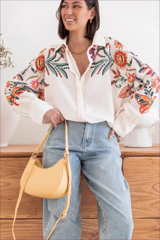 Floral Embroidered Shirt with Collared Neckline - Effortless Autumn Style for Autumn, Boho, Casual, Everyday,