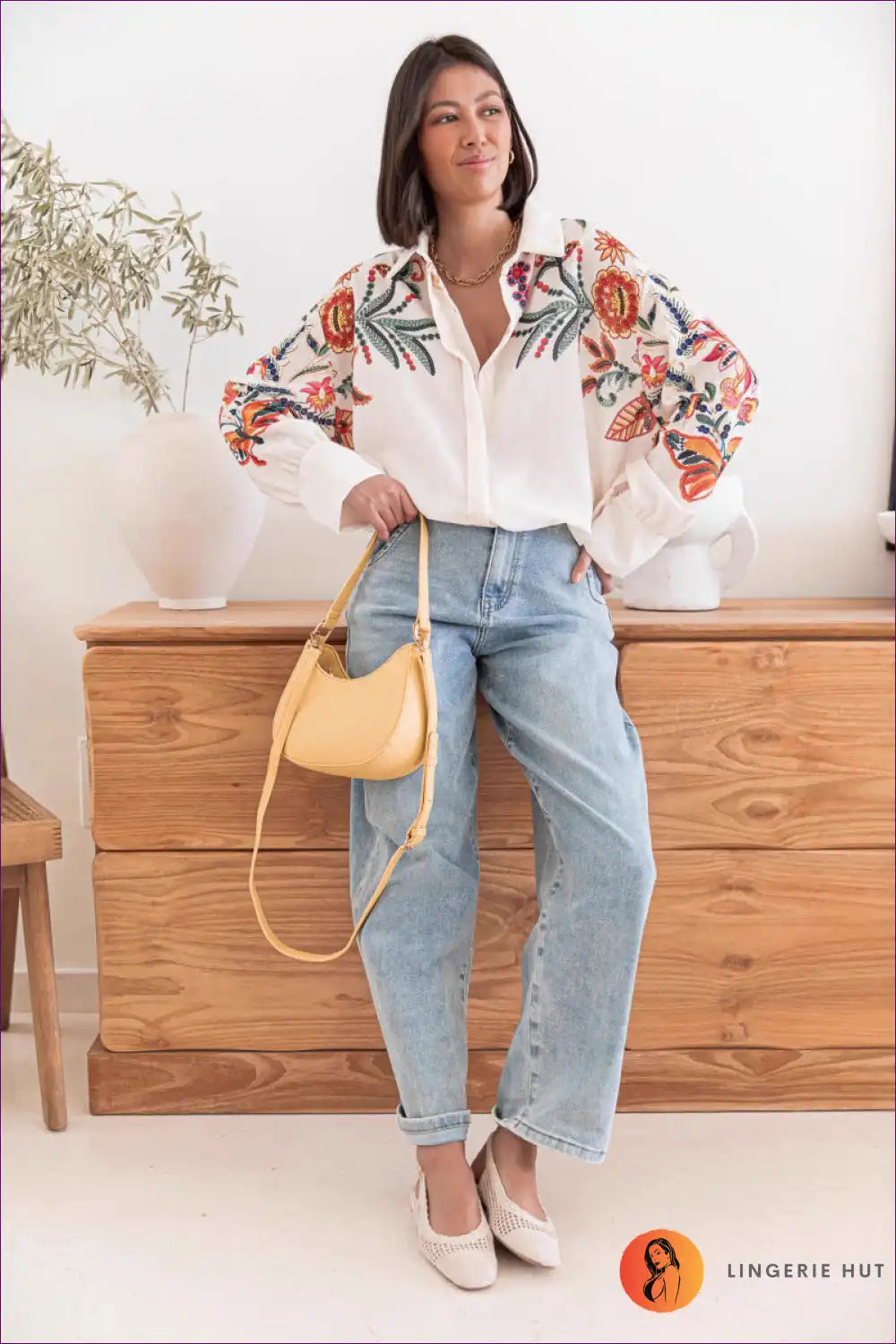 Floral Embroidered Shirt with Collared Neckline - Effortless Autumn Style for Autumn, Boho, Casual, Everyday,
