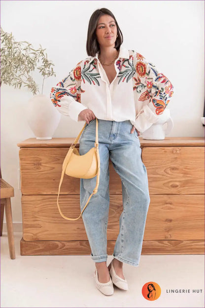 Floral Embroidered Shirt with Collared Neckline - Effortless Autumn Style for Autumn, Boho, Casual, Everyday,