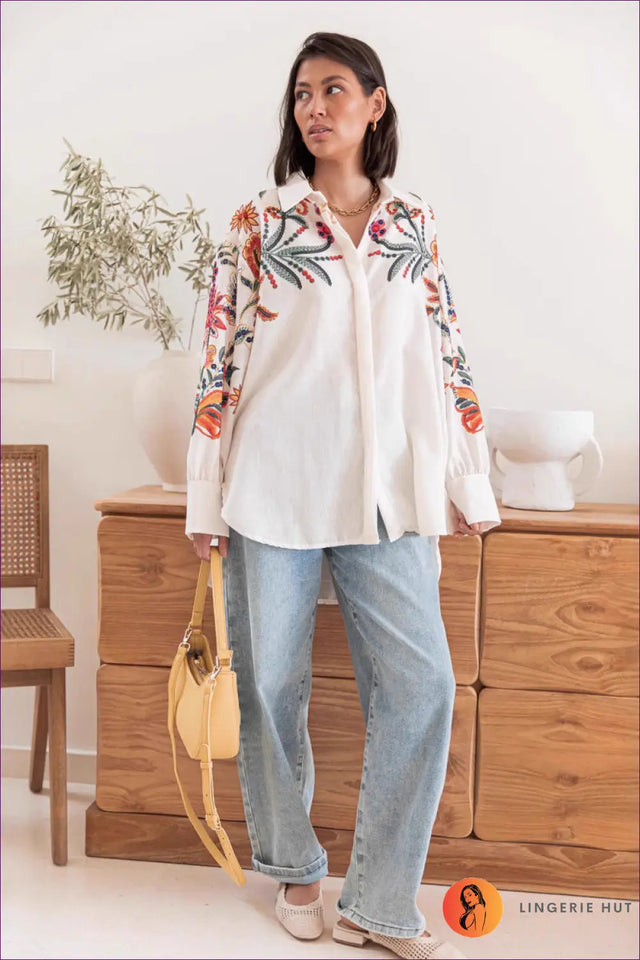 Floral Embroidered Shirt Blouse - Effortless Autumn Layers