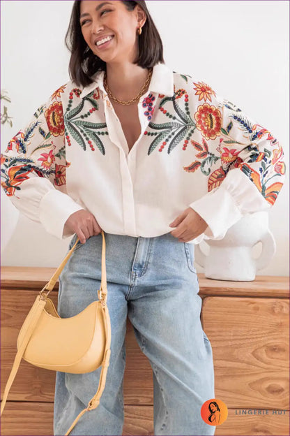 Floral Embroidered Shirt with Collared Neckline - Effortless Autumn Style for Autumn, Boho, Casual, Everyday,