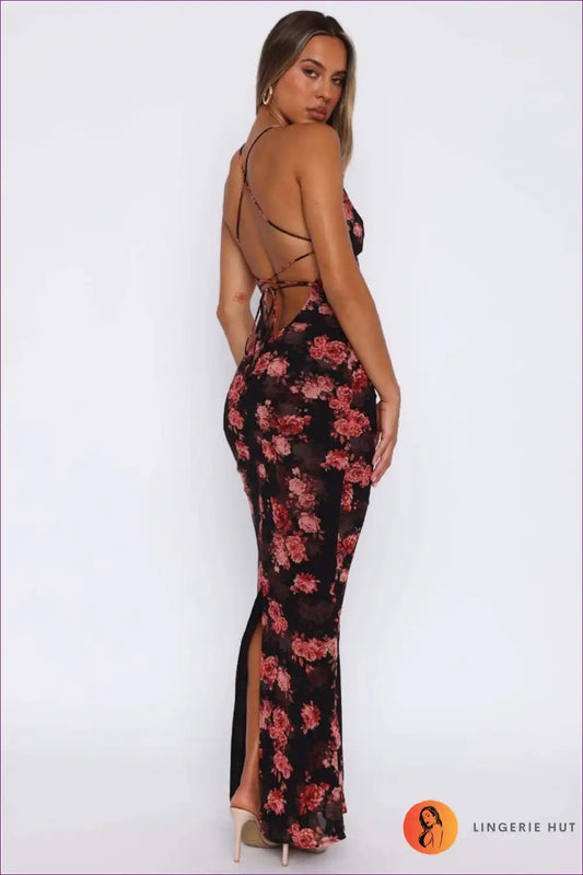 Floral Fishtail Maxi Dress with Plunge Neck Party Detail for Bodycon, Evening Wear, Floral, Glamour,