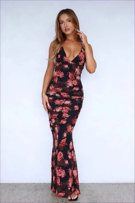 Floral Fishtail Maxi Dress with Plunge Neck Party Detail for Bodycon, Evening Wear, Floral, Glamour,
