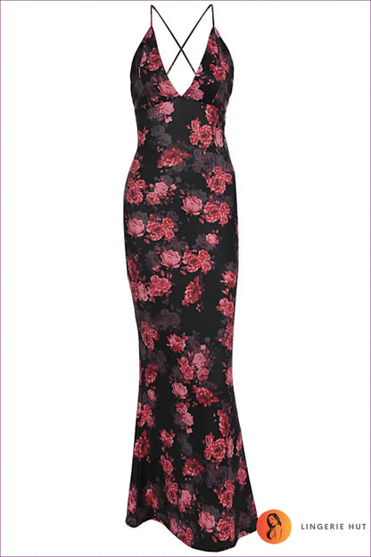 Floral Fishtail Maxi Dress with Plunge Neck Party Detail for Bodycon, Evening Wear, Floral, Glamour,