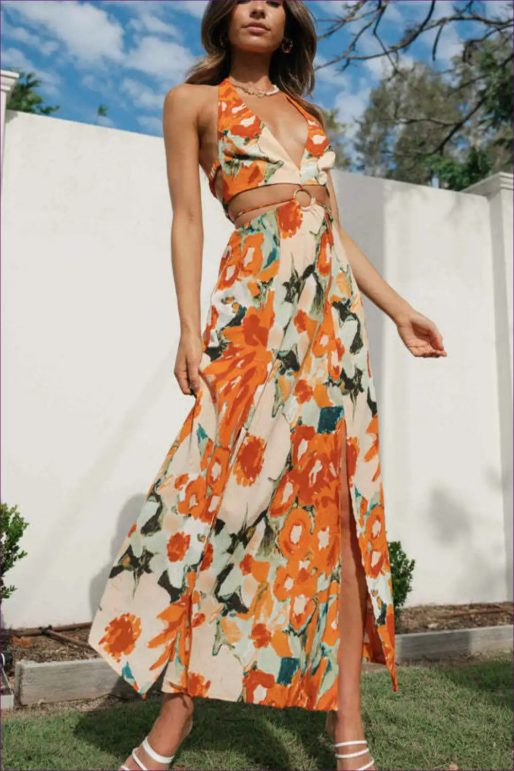 Floral Halter Maxi Dress with Ring Detail - Vacation Statement for Beachwear, Boho, Casual, Cutout,