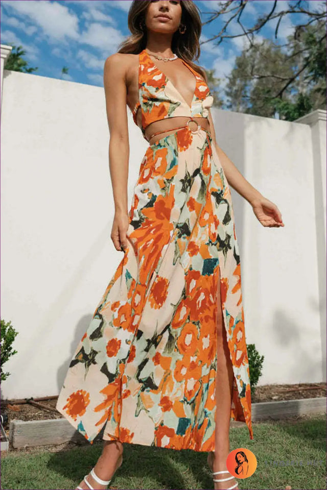Floral Halter Maxi Dress with Ring Detail - Vacation Statement