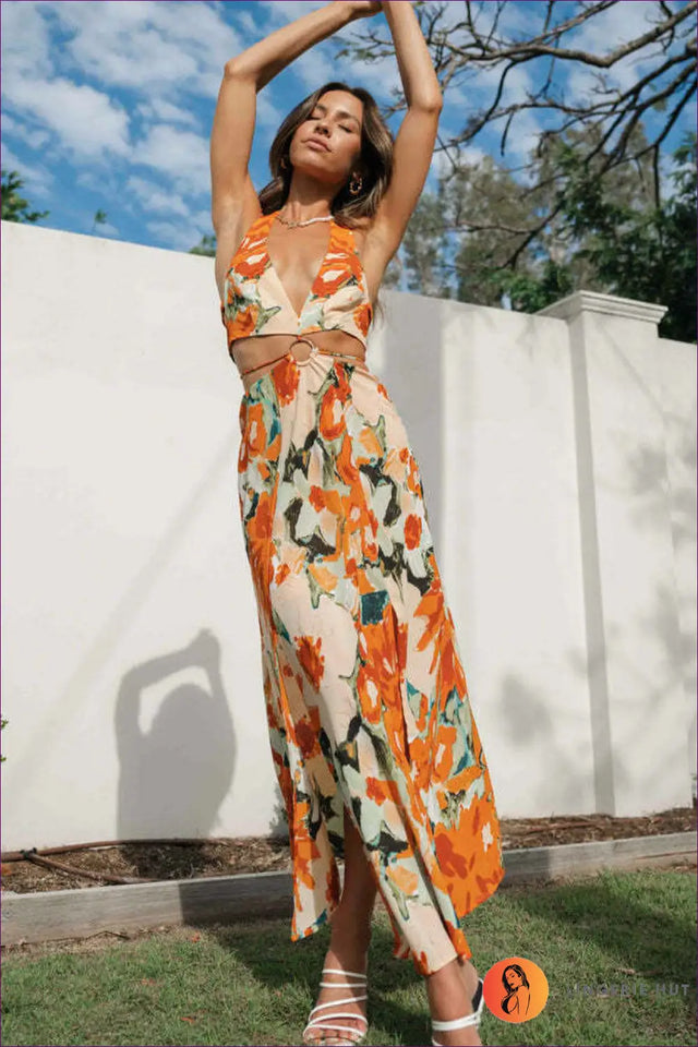 Floral Halter Maxi Dress with Ring Detail - Vacation Statement