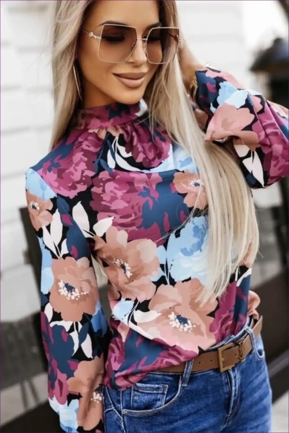 Floral Harmony High-neck Blouse ?? Vibrant Elegance for Blouse, Casual, Everyday, Floral, Glamour