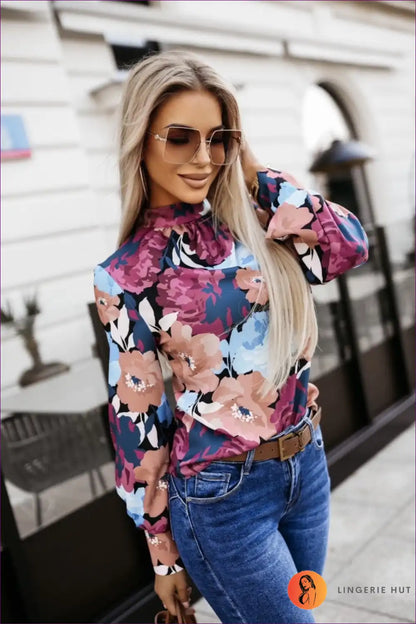 Floral Harmony High-neck Blouse ?? Vibrant Elegance for Blouse, Casual, Everyday, Floral, Glamour