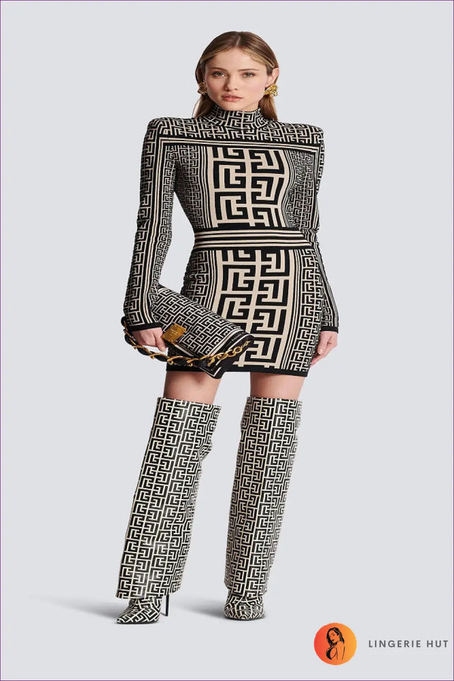 Floral Lace Bodycon Dress - Padded Shoulder Long Sleeve