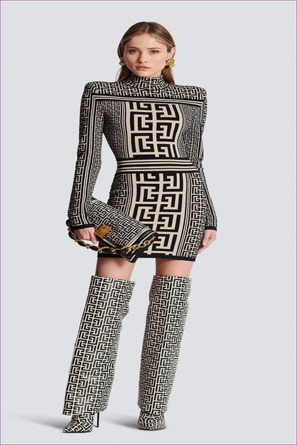 Floral Lace Bodycon Dress - Padded Shoulder Long Sleeve - Elegant • Everyday • Fishnet - Girlsdy