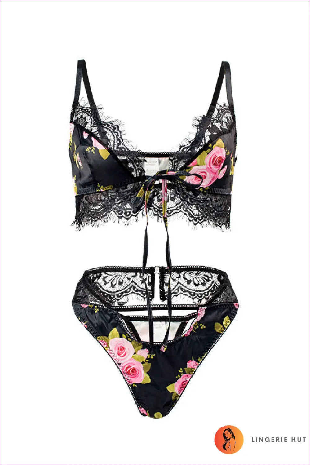 Floral Lace Bra Set with Tie Front - Effortless Romance - s / Black - Lingerie Hut - Boudoir • Cutout • Date Night