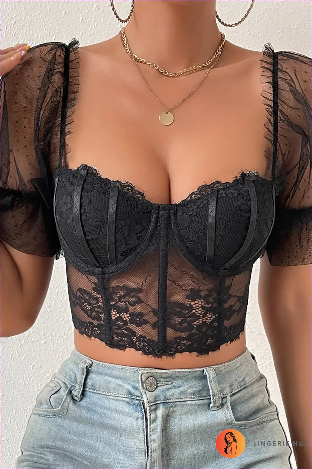 Floral Lace Crop Top with Mesh Boning - Evening Wear Allure - Shirts & Tops - Lingerie Hut - Evening Wear • Glamour