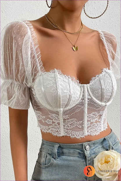 Floral Lace Crop Top with Mesh Boning - Evening Wear Allure - Shirts & Tops - Lingerie Hut - Evening Wear • Glamour