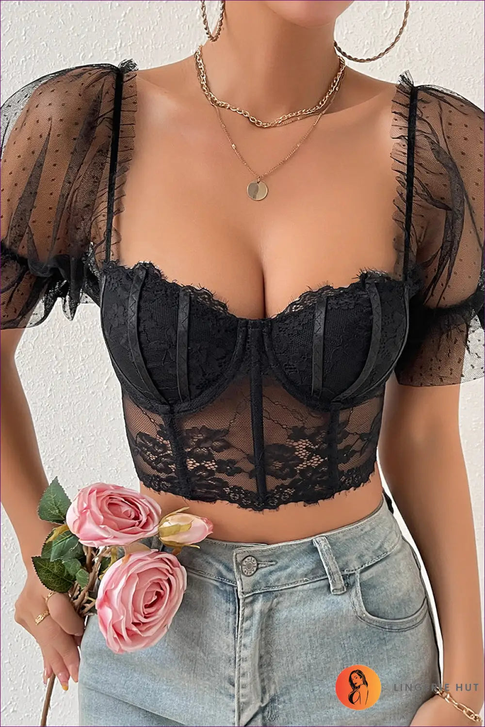 Floral Lace Crop Top with Mesh Boning - Evening Wear Allure - s / Black - Shirts & Tops - Lingerie Hut - Evening Wear