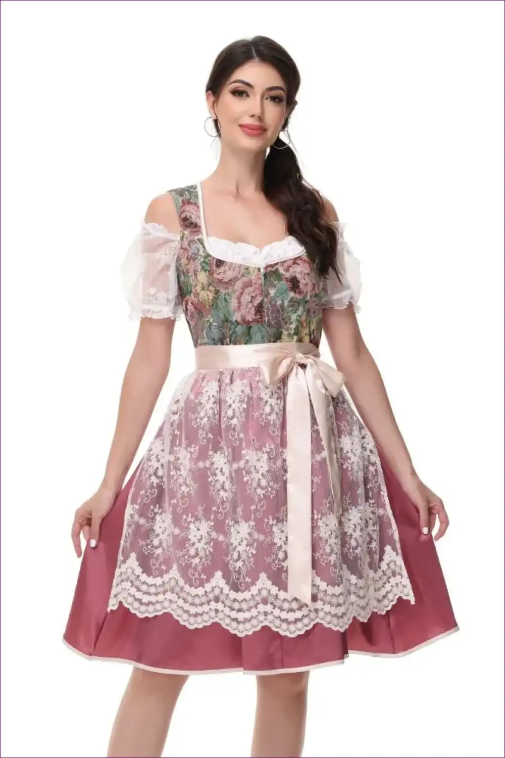 Floral Lace Dirndl Dress - Romantic Bavarian Elegance 🌸 for Costume, Oktoberfest, Retro