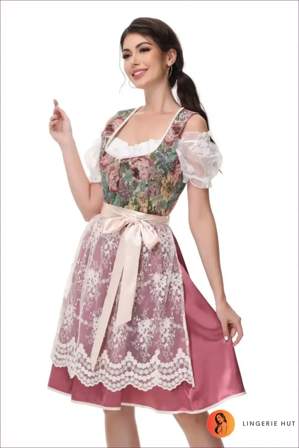 Floral Lace Dirndl Dress - Romantic Bavarian Elegance 🌸 for Costume, Oktoberfest, Retro