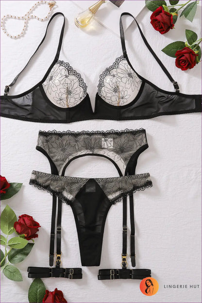 Floral Lace Garter Lingerie Set - the Honeymoon Edit - s / Black - Bra - Hut - All Season • Boudoir • Bridal • Cutout