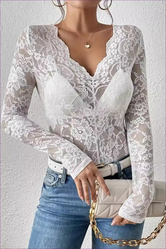 Floral Lace Long Sleeve Bodysuit with V-neck - Modern Romance for All Season, Bodysuit, Boudoir, Date Night,