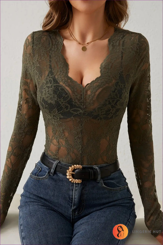 Floral Lace Long Sleeve Bodysuit with V-Neck - Modern Romance