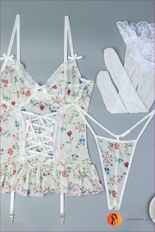 Floral Lace Mesh Bra Set with Suspender - Quiet Confidence - s / Apricot - Lingerie Hut - All Season • Boudoir • Cutout